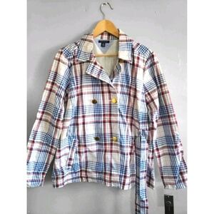 Tommy Hilfiger Rain Coat  Womens Large Blue Plaid Double Breast Gold Buttons NWT